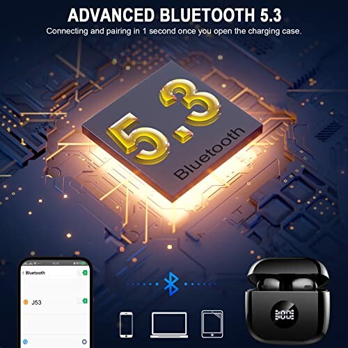 Advanced Bluetooth 5.3 chip with connecting devices and earbuds.