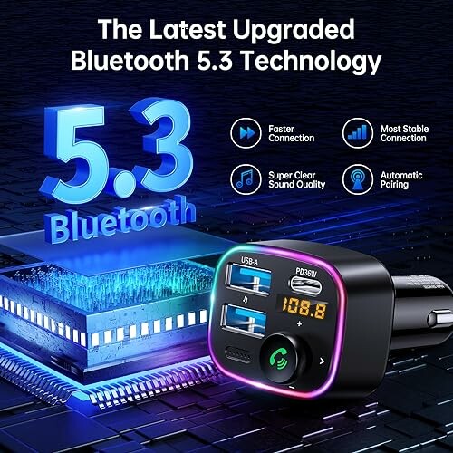 Bluetooth 5.3 technology car adapter with features highlighted.