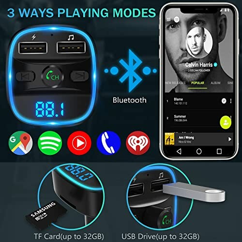 Bluetooth car FM transmitter with USB ports and LED display