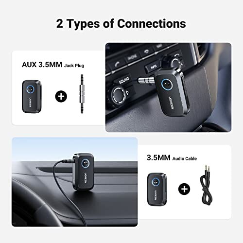 Bluetooth car receiver with AUX and audio cable connections.