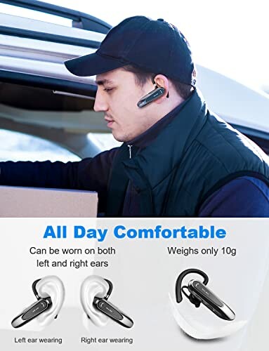 Man wearing a Bluetooth earpiece, showing comfort and versatility for both ears.