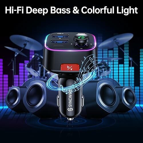 Bluetooth FM transmitter with hi-fi deep bass and colorful lights.