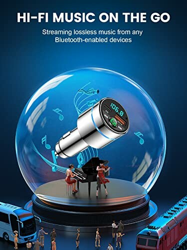 Bluetooth music streaming device with digital display inside a glass dome, surrounded by miniature people and vehicles.