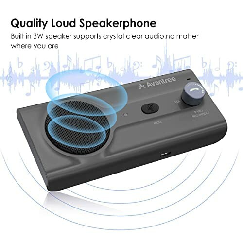 Bluetooth speakerphone with 3W speaker and control buttons.