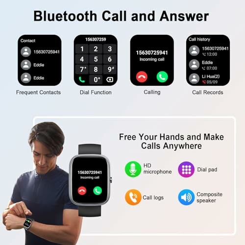 Smartwatch displaying Bluetooth call and answer features with a person using the watch.