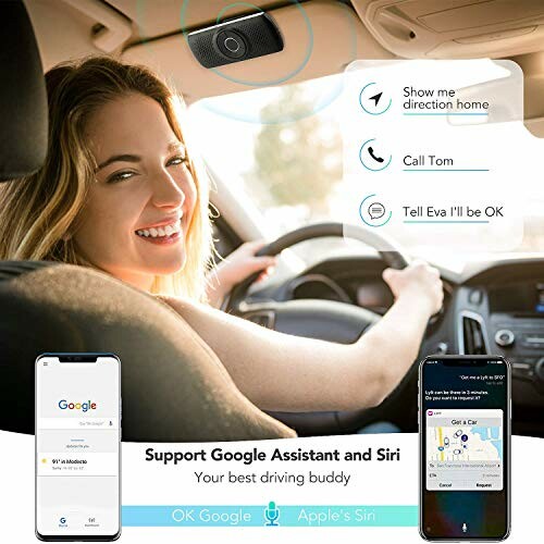 Woman driving car with smartphone integration for directions and calls.