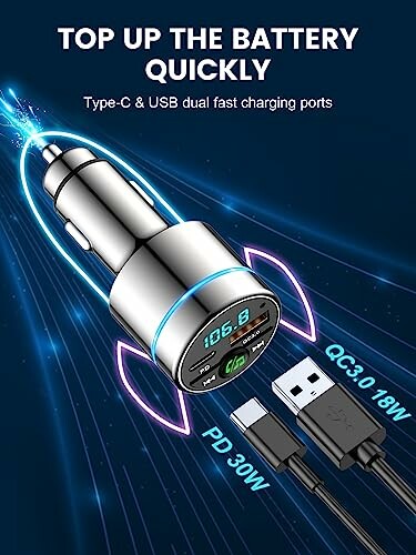 Dual port car charger with Type-C and USB, fast charging.