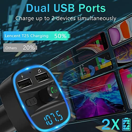 Dual USB car charger with charging display and multiple devices