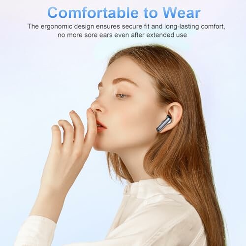 Woman wearing ergonomic earbuds for comfort.