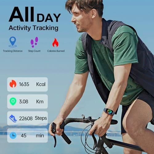 Man with fitness tracker cycling, displaying calories burned, distance, steps, and activity time.