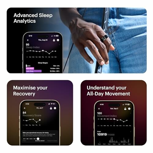 Collage of fitness tracker analytics: sleep, recovery, and movement.