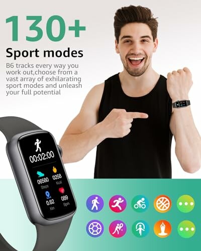 Man wearing fitness tracker with 130+ sport modes displayed