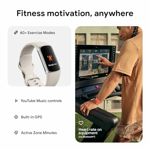 Fitness tracker features and man on treadmill