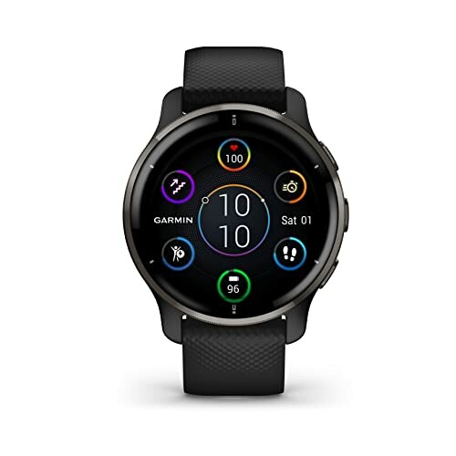 Garmin smartwatch with black strap and multiple display features