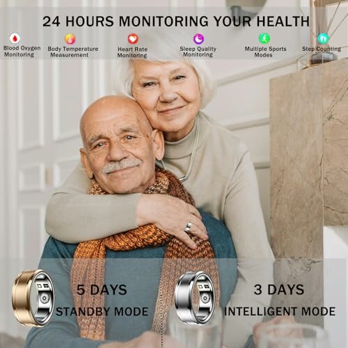 Elderly couple with health monitoring features and rings displayed.