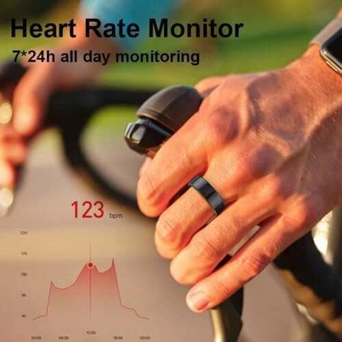 Cyclist using heart rate monitor with smartwatch and ring.