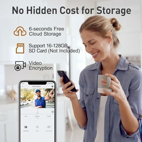 Woman using phone with storage options for security camera.