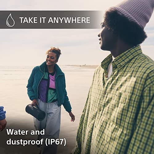 People on beach with portable water and dustproof speaker.