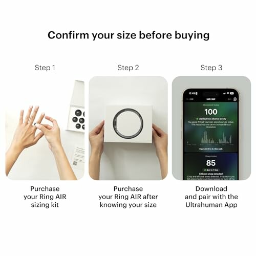 Three steps to confirm ring size before buying: sizing kit, ring box, and app pairing.