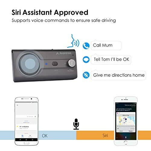 Bluetooth device supporting Siri voice commands for safe driving with phone interface.