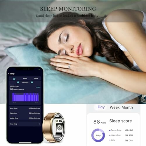 Woman sleeping with sleep monitoring app and device display.