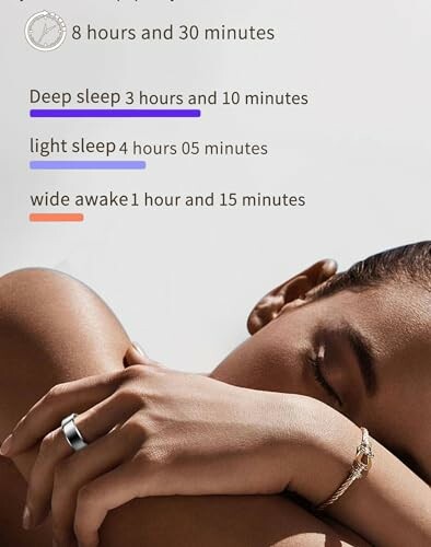 Woman sleeping with sleep tracking summary overlay.