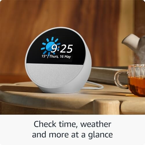 Smart clock displaying time, weather, and date.