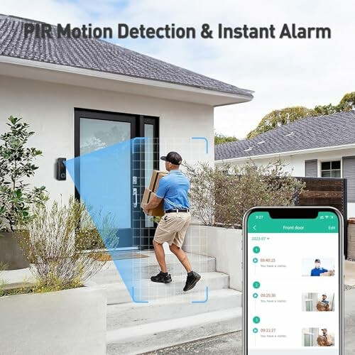 Delivery person at door with smart doorbell motion detection feature.