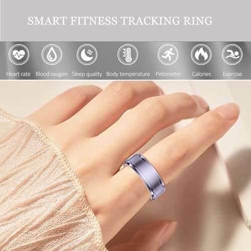 Hand wearing smart fitness tracking ring with icons for heart rate, blood oxygen, sleep quality, body temperature, pedometer, calories, and exercise.