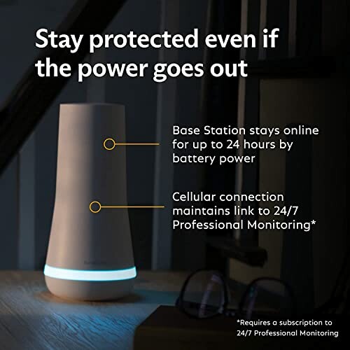 Smart home security system base station with battery backup and cellular connection.