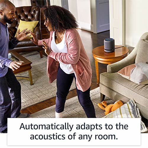 Couple interacting with smart speaker in living room.