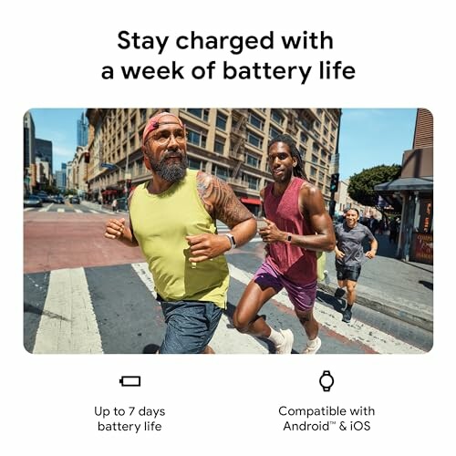 Two people jogging with text about smartwatch battery life and compatibility.