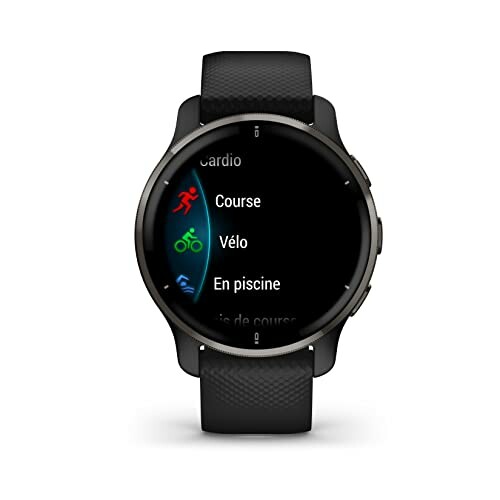 Smartwatch displaying fitness sports modes including running, cycling, swimming.