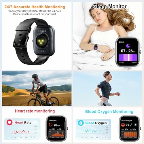 Smartwatch features including sleep, heart rate, and blood oxygen monitoring.