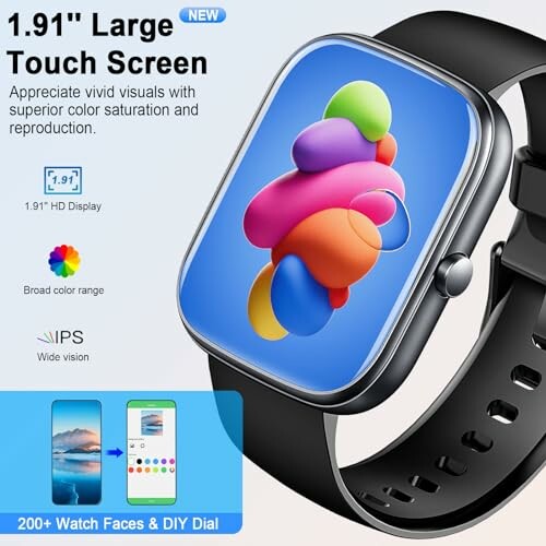 Smartwatch with 1.91-inch large touch screen, colorful display, and customizable watch faces.