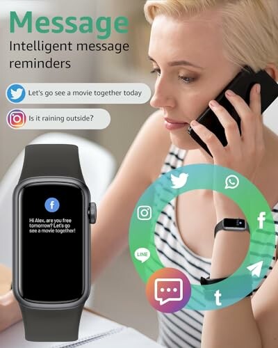 Woman using phone with smartwatch showing message reminders and social media icons