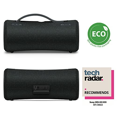 Sony portable speaker with eco-friendly packaging and tech recommendation badge