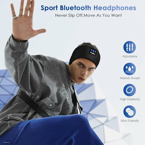 Person wearing sport Bluetooth headphones with features listed: adjustable, absorb sweat, high elasticity, skin friendly.