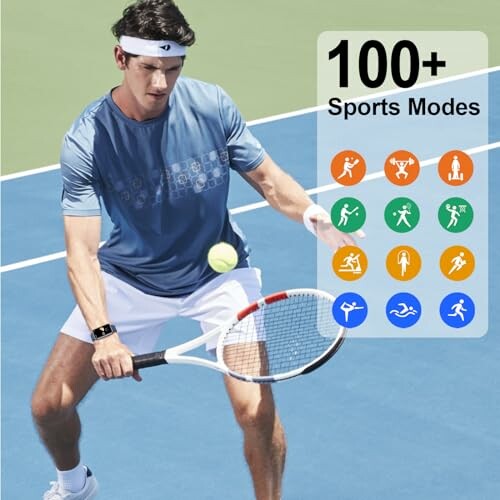 Tennis player using smartwatch with 100+ sports modes displayed.