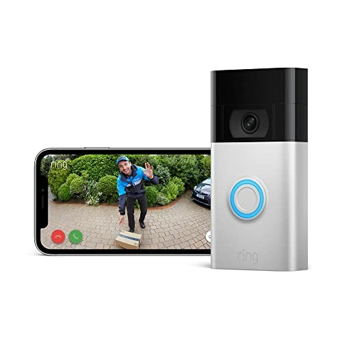 Video doorbell with smartphone app showing live view of a delivery person.