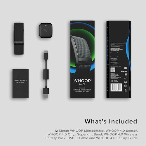 Whoop 4.0 package contents including sensor, band, battery pack, cable, and guide.