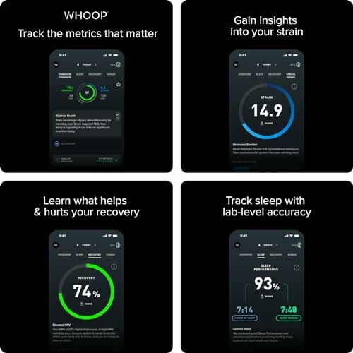 WHOOP fitness tracker displaying metrics, strain insights, recovery, and sleep tracking.