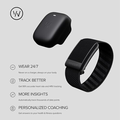 Whoop fitness tracker with features listed: wear 24/7, track better, more insights, personalized coaching.