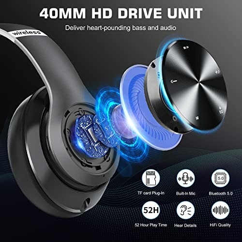 Wireless headphones featuring a 40mm HD drive unit and various features like Bluetooth 5.0, built-in mic, and 52-hour playtime.