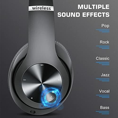 Wireless headphones with multiple sound effects options including pop, rock, classic, jazz, vocal, and bass.