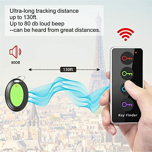 Wireless key finder with 130ft range and 80db sound.