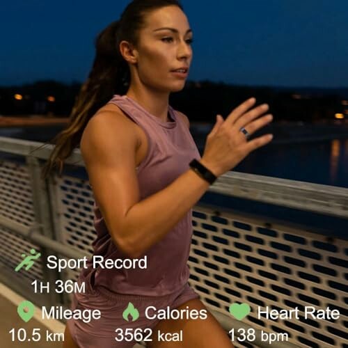 Woman running with fitness tracker displaying stats.