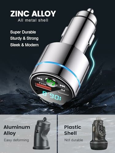 Zinc alloy car charger with digital display and comparison to aluminum and plastic shells.